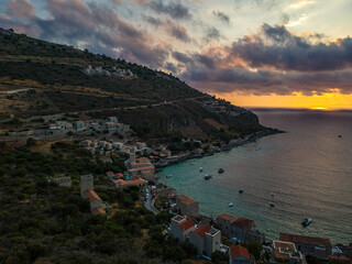 Iconic aerial view over the picturesque seaside Limeni village in Mani area, Laconia, Greece