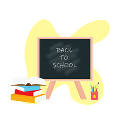 the blackboard in the classroom school supplies stationery, pencil case, pencil case, pen, pile of books, notebook, notebook textbook,school bag,Palettes and brushes in art . vector illustration