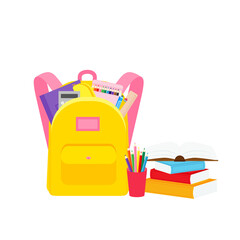 classroom school supplies stationery, pencil case, pen, pile of books, photorealistic literature,notebook, notebook textbook,school bag,Palettes and brushes in art,colored pencils. vector illustration