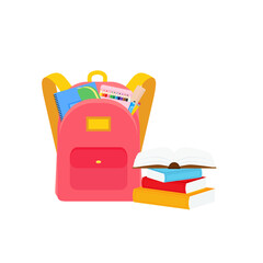 classroom school supplies stationery, pencil case, pen, pile of books, photorealistic literature,notebook, notebook textbook,school bag,Palettes and brushes in art,colored pencils. vector illustration