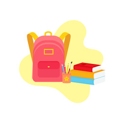 classroom school supplies stationery, pencil case, pen, pile of books, photorealistic literature,notebook, notebook textbook,school bag,Palettes and brushes in art,colored pencils. vector illustration