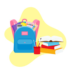 classroom school supplies stationery, pencil case, pen, pile of books, photorealistic literature,notebook, notebook textbook,school bag,Palettes and brushes in art,colored pencils. vector illustration