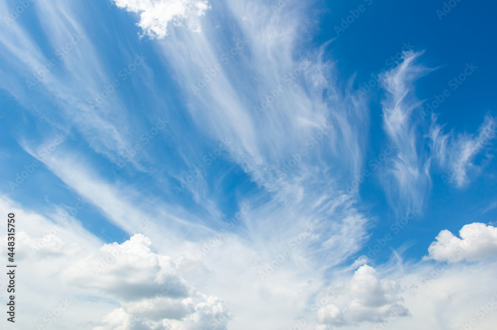 Wall mural blue sky background with tiny clouds. panorama white fluffy clouds in the blue sky.beautiful vast bl