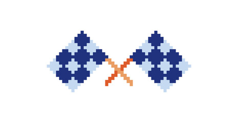 Two crossed checkered flags. Pixel art icon. Auto Moto racing. Game assets. Isolated abstract vector illustration. 8-bit sprite. 