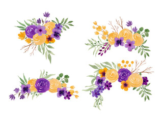 Fototapeta na wymiar purple and yellow watercolor flower arrangement separated vector set