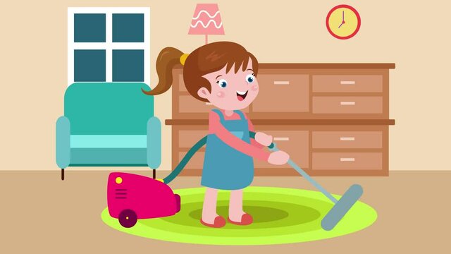 Little girl cleaning carpet with vacuum cleaner