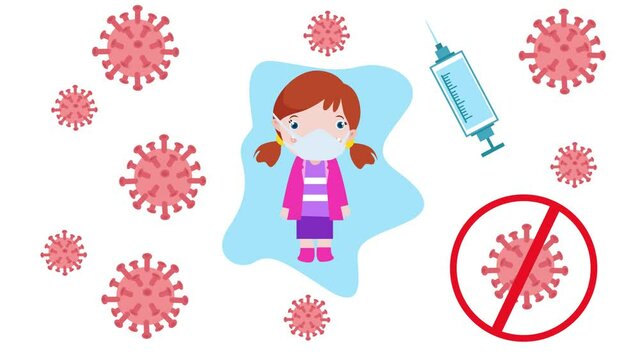 Little girl in face mask standing with syringe