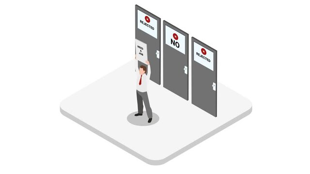 Man holding text of need a job near closed doors