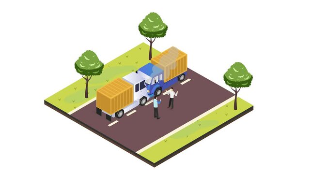 Two men arguing each other near damage trucks
