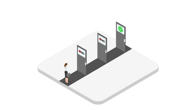 Woman stand with rejected and approved job doors