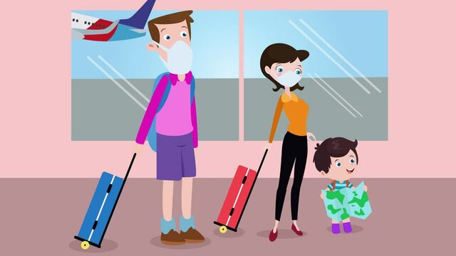 Young family in face mask carry luggage in airport