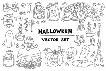 Vector cartoon set on the theme of Halloween. Isolated doodles of pumpkins, ghosts, sweets, candle, potions, bones, skull for use in design