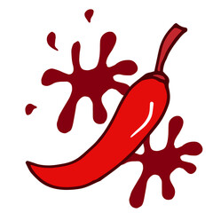red chili illustration with red color spatter on white background. closeup concept. hand drawn vector. spicy flavor. doodle art for wallpaper, poster, banner, label, clipart, design logo for business.