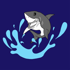 jumping shark in the water illustration on dark blue background. sea animal, wildlife. hand drawn vector. doodle art for wallpaper, poster, clipart, sticker, cover, logo. cute character, smiley face. 