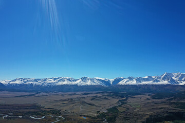 Aktru panorama of mountains altai, mountain peak summer landscape in russia