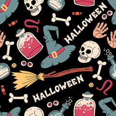 Vector cartoon pattern on the theme of Halloween. Colorful background with flat symbols of bones, skulls, potions, snakes, brooms