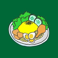 set of yellow rice illustration on green background. traditional indonesian food. hand drawn vector. delicious and popular food for celebration. doodle art for wallpaper, poster, banner, clipart. 