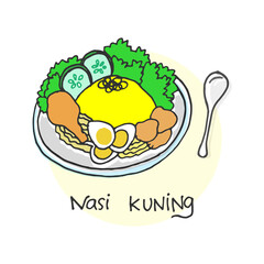 nasi kuning-hand drawn lettering. yellow rice illustration with spoon. set of traditional indonesian food. famous and popular food. hand drawn vector. doodle art for logo, label, poster, banner. 