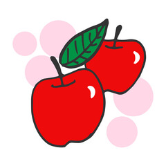 two red apples illustration with pink color circle on white background. shinny and freshness fruit. hand drawn vector. sweet taste. doodle art for wallpaper, poster, sticker, logo design, decoration. 