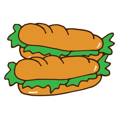 sandwich illustration on white background. fast food icon. bread with lettuce and meat. american food. delicious and fresh. hand drawn vector. doodle art for logo, label, clipart, poster, banner, ads