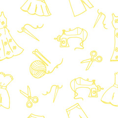 seamless pattern with sewing supplies illustration isolated on white background. hand drawn vector. sewing tools icon. doodle art for wallpaper, backdrop, fabric, wall decoration, wrapping paper. 