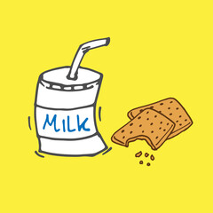 milk with biscuits illustration on yellow background. cup of milk with straw and pile of crackers. hand drawn vector. healthy breakfast for kids. doodle art for wallpaper, logo, label, clipart, advert