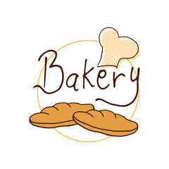 bakery-hand drawn lettering with chef hat, bread and orange circle illustration on white background. doodle art for label, badge, poster, banner, advert, wall decoration. business logo design. 