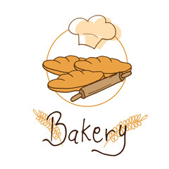 bakery-hand drawn lettering with wheat, bread, rolling pin and chef hat illustration. bakery shop icon. fresh and homade. doodle art for logo, label, sticker, badge, poster, banner, wall decoration.