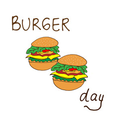 burger day-hand drawn lettering with two cheeseburgers illustration on white background. fast food icon. party event. junk food. hand drawn vector. doodle art for poster, banner, greeting card, logo. 