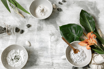 Flat lay spa composition with powder for making facial mask.