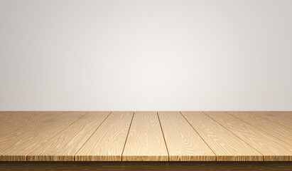 Empty wooden table for product placement or montage with focus to the table top in the foreground with white background. 3D Illustration rendering.