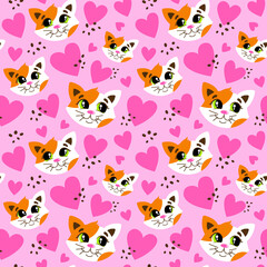 Pattern with a cute cat. Tricolor cat