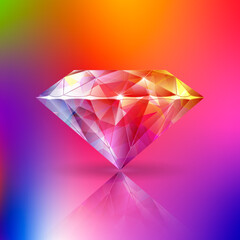 Abstract diamond jewelry on colored background, Close-up,   glossy diamond on with mirror reflection.