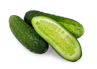 Two whole cucumbers and one cut isolated on a white background.Fresh bright vegetables on a white background.Use for posters, labels and web design