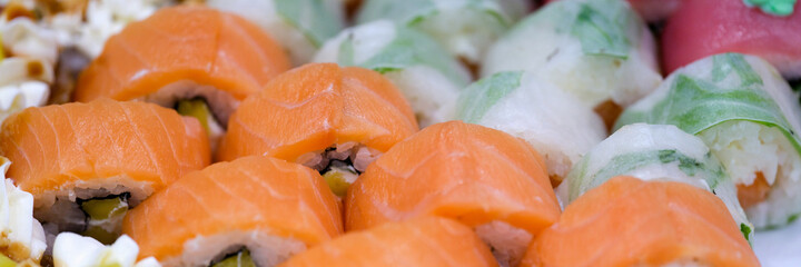 Japanese closeup of colorful sushi background concept