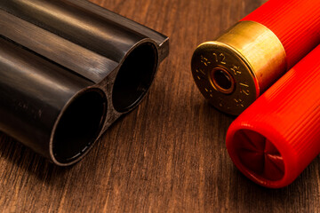 Double-barreled shotgun barrel and two red cartridges. Close up view