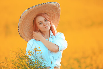 sunny season field yellow flowers attractive lady, beautiful springtime, nature female background