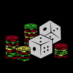 casino dice illustration and red yellow green coins, gambling and lucky