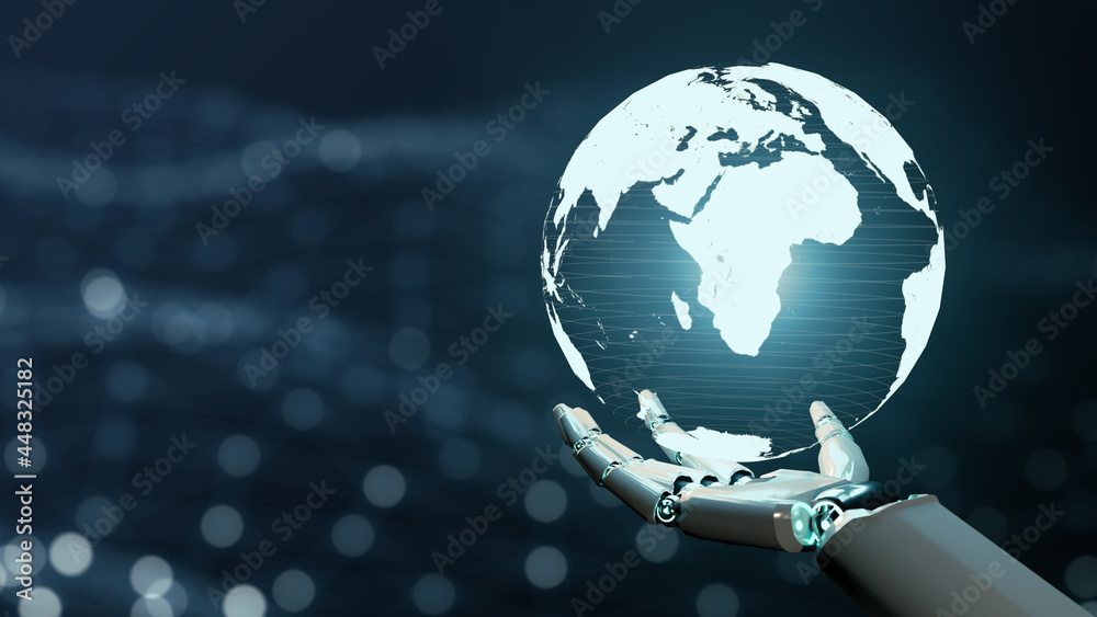 Aufkleber artificial intelligence mechanical robot hand unity holding hologram globe of world, communication d