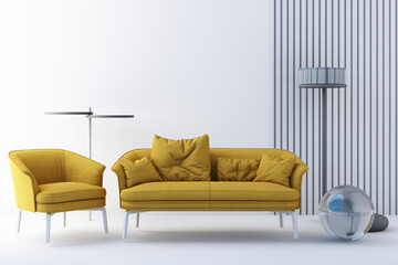 yellow and gray color chairs, sofa, armchair in empty background. surrounding by geometric shape Concept of minimalism & installation art. 3d rendering mock up