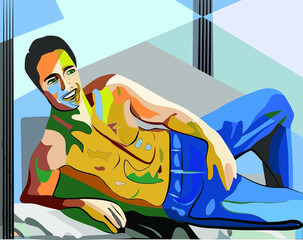 Colorful abstract background, cubism art style, man rests with blue jeans