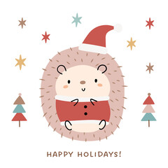 Cute and whimsical hedgehog in Santa Claus costume. Colorful pastel colors, cartoon style vector illustration. © Torico