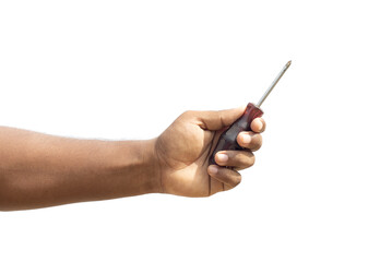 Isolated old screwdriver holding with a male hand on white background