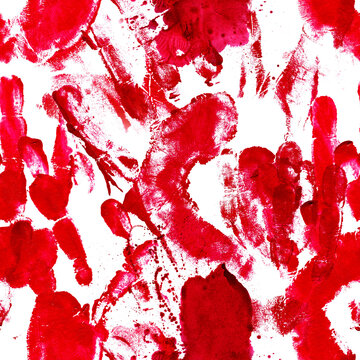 Bloody handprints and blood stains and splashes halloween seamless pattern. Digital picture with watercolour texture. Mixed media artwork. Endless motif for packaging, scrapbooking, textiles and more.