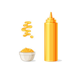 Mustard bottle, stain, set on a white isolated background. Sauce in a cup and splashes. Mock-up vector illustration - obrazy, fototapety, plakaty