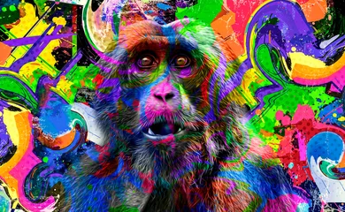 Poster monkey head with creative colorful abstract elements on dark background © reznik_val
