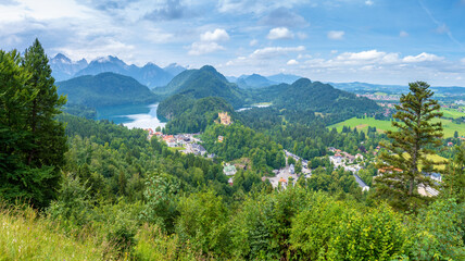 A view of Hohenschwangau Castle, a 19th-century palace located in the German village of...