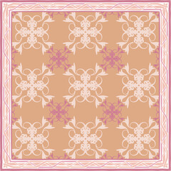  scarf pattern design on red. Geometric ornament with frame, border. Bandanna, shawl, scarf, tablecloth design for textile fabric print 