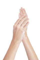 Female hands isolated on white background. Moisturizing hands with cream. Applying the cream to the skin