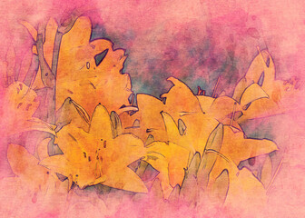 Naklejka na ściany i meble Yellow lily flowers digital art